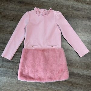 Janie and Jack Girls 6 Ponte Long Sleeve Dress Faux Fur Dropwaist Pink
